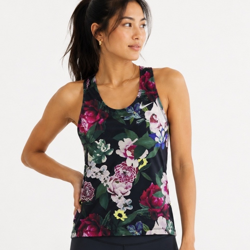 Nike Running Tank Womens Dri-FIT Floral Racerback Performance Top Black XS